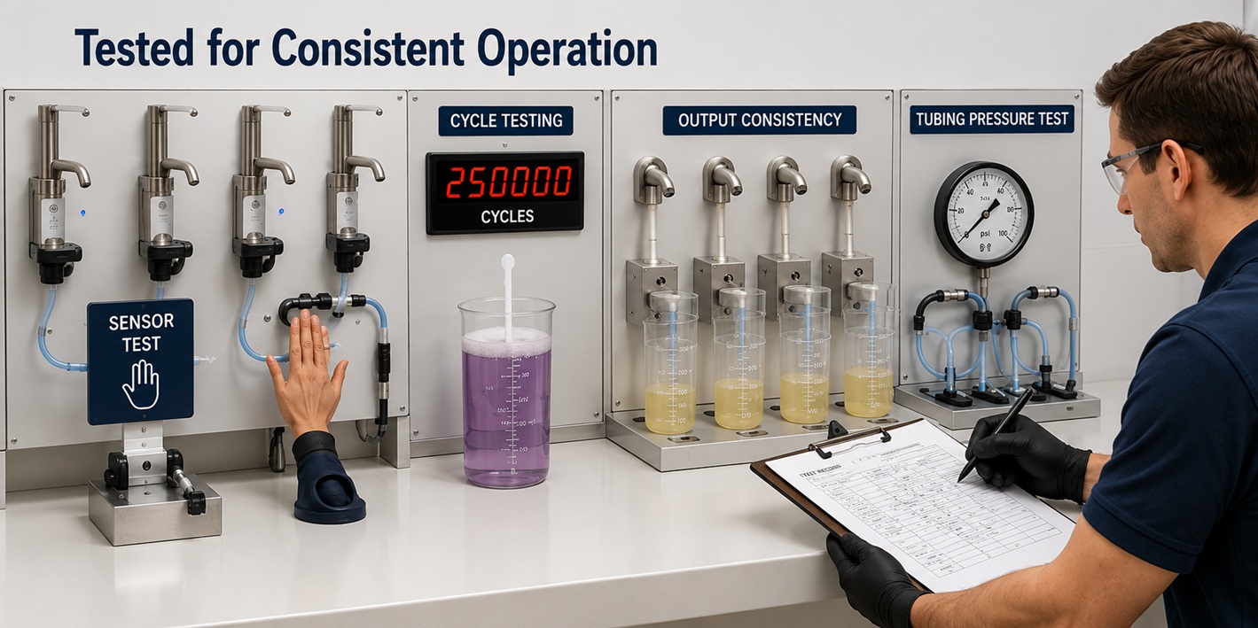 Laboratory validation of Fontana Multifeed commercial soap dispensers including sensor testing, cycle durability, output consistency, and tubing pressure measurement